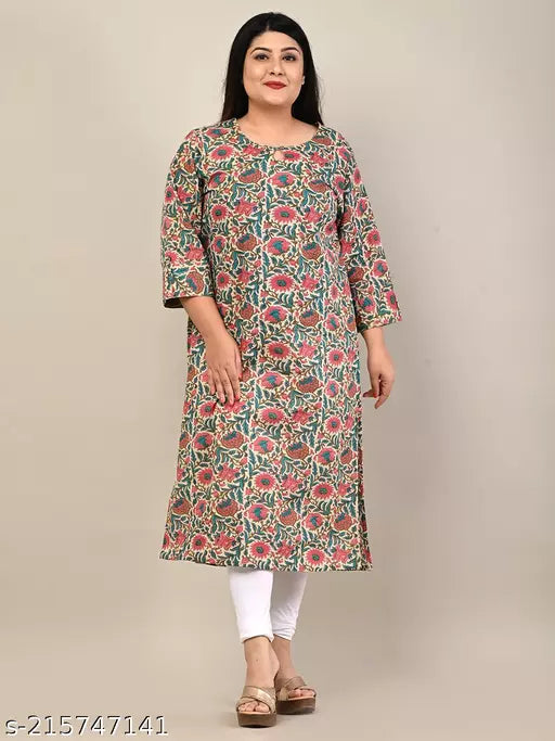 Swasti Women Plus Size Printed  Floral Print Pure Cotton Straight Kurta (Off White)