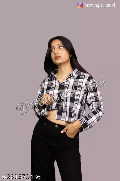 Classic Black and White Cotton Crop Shirt for Women