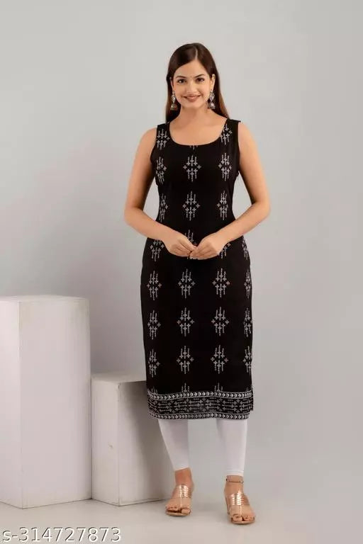 Women Rayon Printed Straight Sleeveless Kurta/Kurti
