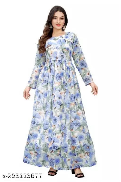 QVAZOR Stylish Fancy Trendy Printed Georgette Gown For Women For Party Wedding Festival Functions
