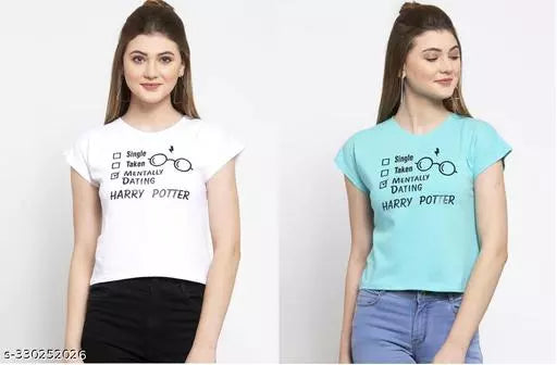 Vivient Women White and Light Blue Harry Potter Printed Crop Top Combo