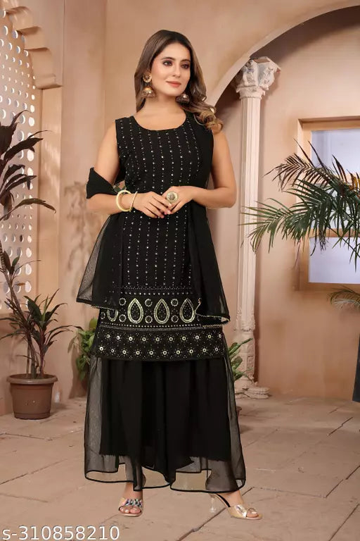Women Faux Georgette With Embrodery Seqance Work Kurta With Sharara And Dupatta Stiched