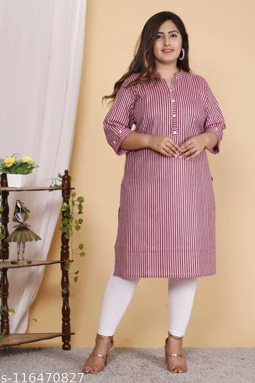 Shritikas Designer Pink Stripes Straight Cotton Plus Size Kurti For Women 