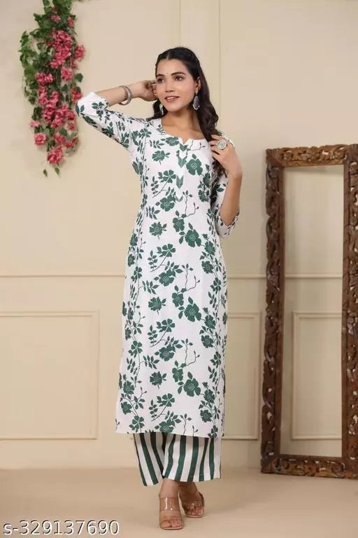 Anni Designer Women's Cotton Blend Green Ethnic Motifs Printed Kurta with Trouser