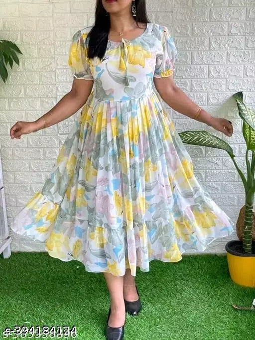 STYLISH GEARGETTE FABRIC LONG PLATTING DRESSS