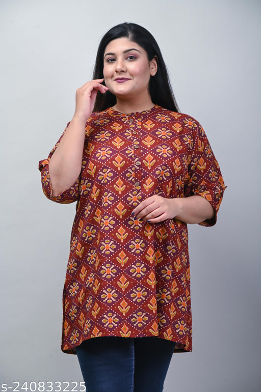 Plus Size -Casual Regular Sleeves Printed Women Maroon Top