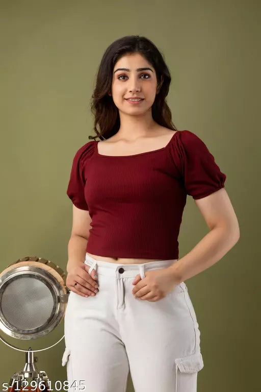 Mialo fashion ribbed knitted top with puff sleeves.