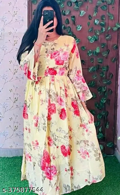 JKP COLLECTIONs Womens & Girls A-Line Dress  Casual Wear Printed & Short Sleeve Dress Fabric Cotton In Color Yellow