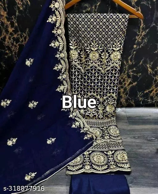 Women's Blue Floral Patiala Full Suits Embroidered Sequence Work Georgette Designer Salwar Suit & Dress Materials