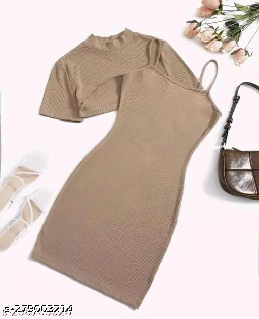 STYLISH KNITTED FABRIC LONG DRESS+ TOP COMBO