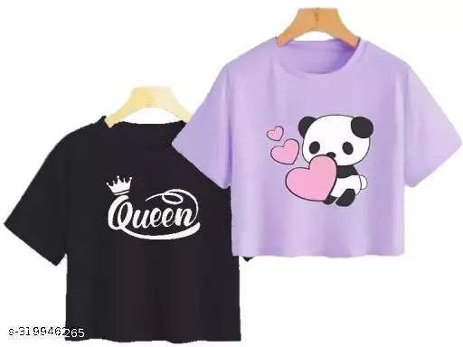 Trendy Feminine Printed Crop Tshirt Round Neck Top For Womens (Combo2)