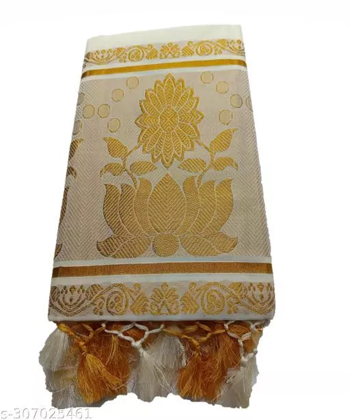LOTUS / KAMAL DESIGNER 12 INCHES ZARI ON PALLU KERALA KASAVUE PURE COTTON SAREE