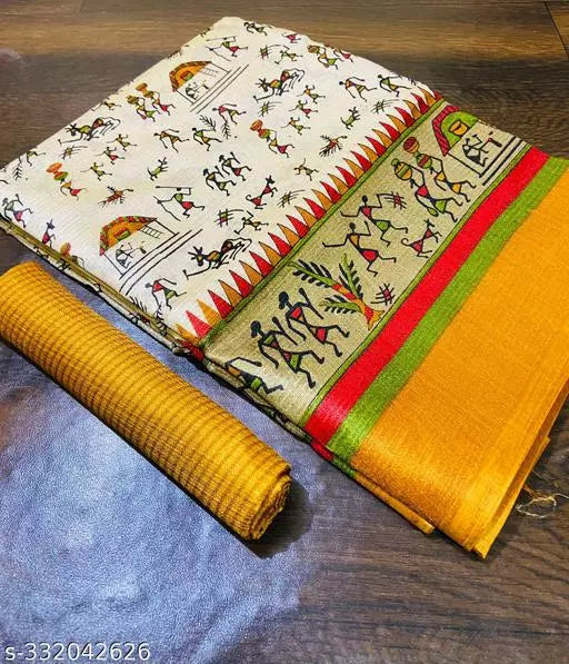 WARLI PRINTED KHADI SILK BLENDED LIGHT WEIGHT COMFERTABLE WEAR DESIGNER SAREE WITH BLOUSE