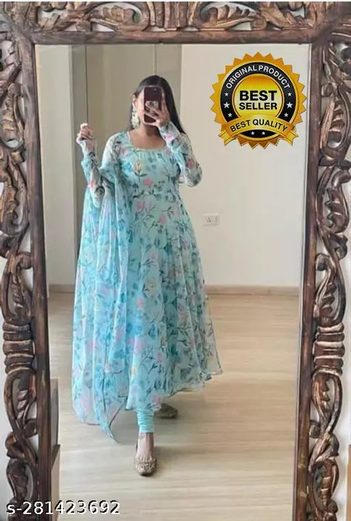 women printed long gown with dupatta