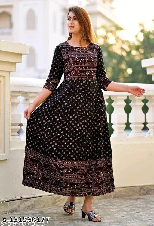Charvi Maroon Premium Rayon Printed Black  Women Gown