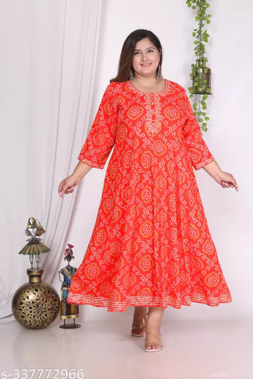 Swasti Plus Size Embroidered Women Bandhani Print Cotton Blend Gown  Ethnic Dress