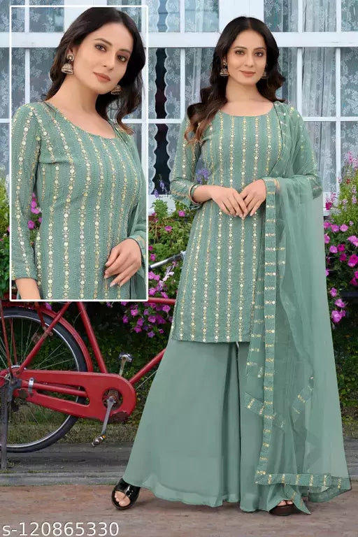 Women's Faux Georgette Sequence Embroidery Work Unstitched Top With Full Stitched Sharara and dupatta