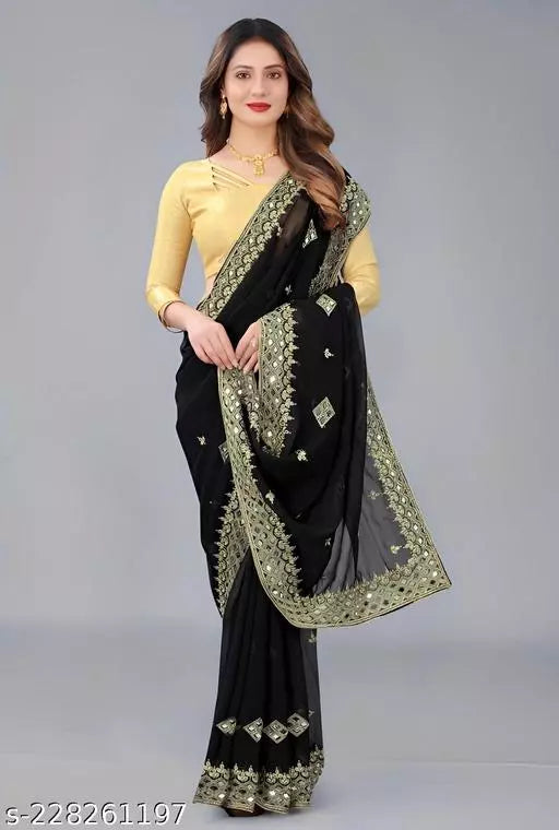 HEAVY KAJU DESIGN EMBROIDERY WORK WITH MIRROR SAREE BY KRADDLE