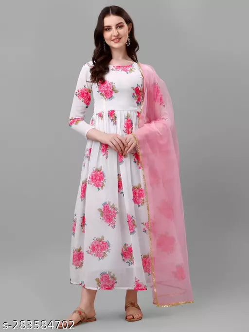QVAZOR Stylish Fancy Trendy Printed Georgette Gown For Women For Party Wedding Festival Functions