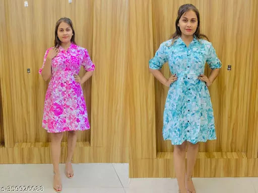 JKP COLLECTION Women's & Girls's Stylish Rayon Collared Shirt Flared Mini Dress with Waist Belt  Pack Of 2 Pink Mint Green