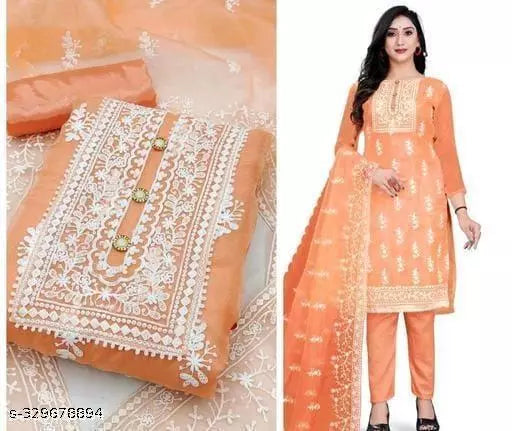Women's Designer Chainstich Embroidered Multiwork Double Sequence Peach Floral Embroidered Organza Suits & Dress Materials