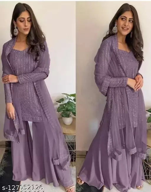 Women's Lavendar Embellished  Georgette Suits & Dress Materials