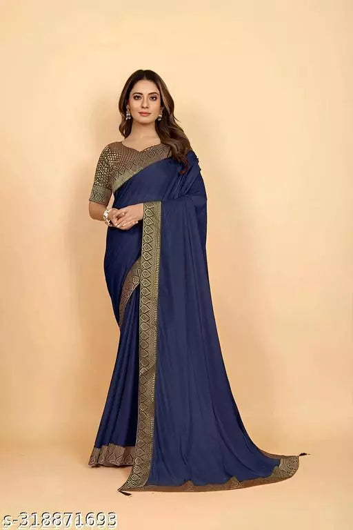 Bhagalpuri Soft Silk Black Lace border NEVY BLUE Saree With NEW MAHARANI BLACK  BORDER Blouse BY KRADDLE