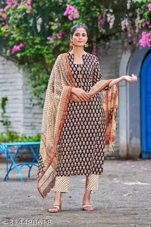 Anni Designer Women's Cotton Blend Black Straight Printed Kurta with Trouser & Dupatta