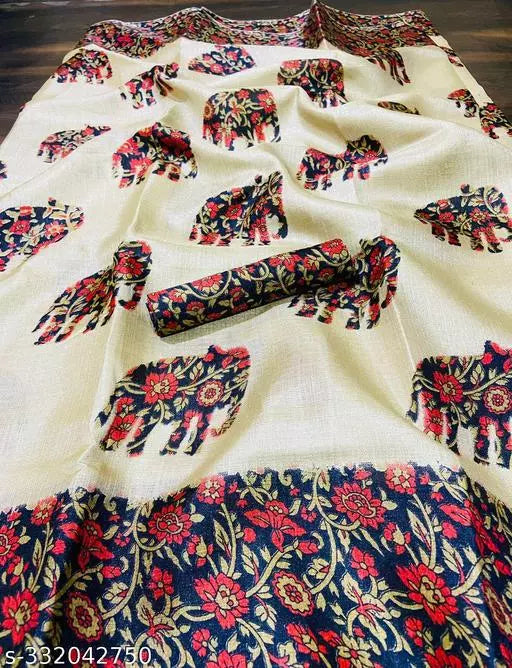 ELEPHANT PRINTED KHADI SILK BLENDED LIGHT WEIGHT COMFERTABLE WEAR SAREE WITH BLOUSE