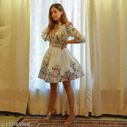 Puff Sleeves Multicolor Floral Printed Knee Length Dress For Women
