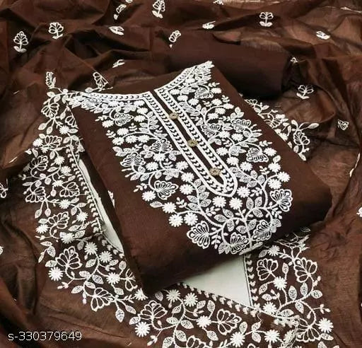 Aayegi Sensationable Trendy Brown Chanderi Cotton Unstiched Chudidar Patiala Punjabi ChainStich Work Embroidered Party Wear Salwar Suits & Dress Materials