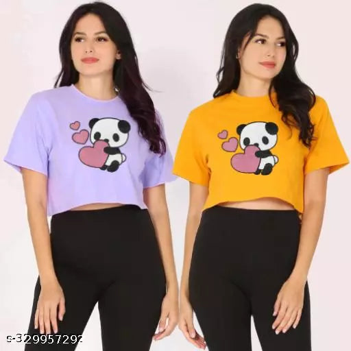 VK TOPS Trendy Feminine Printed Crop Tshirt Round Neck Top For Womens (Pack of 2)