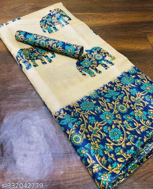 ELEPHANT PRINTED KHADI SILK BLENDED LIGHT WEIGHT COMFERTABLE WEAR SAREE WITH BLOUSE