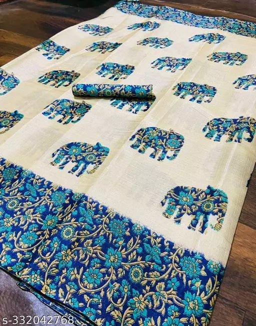 ELEPHANT PRINTED KHADI SILK BLENDED LIGHT WEIGHT COMFERTABLE WEAR SAREE WITH BLOUSE