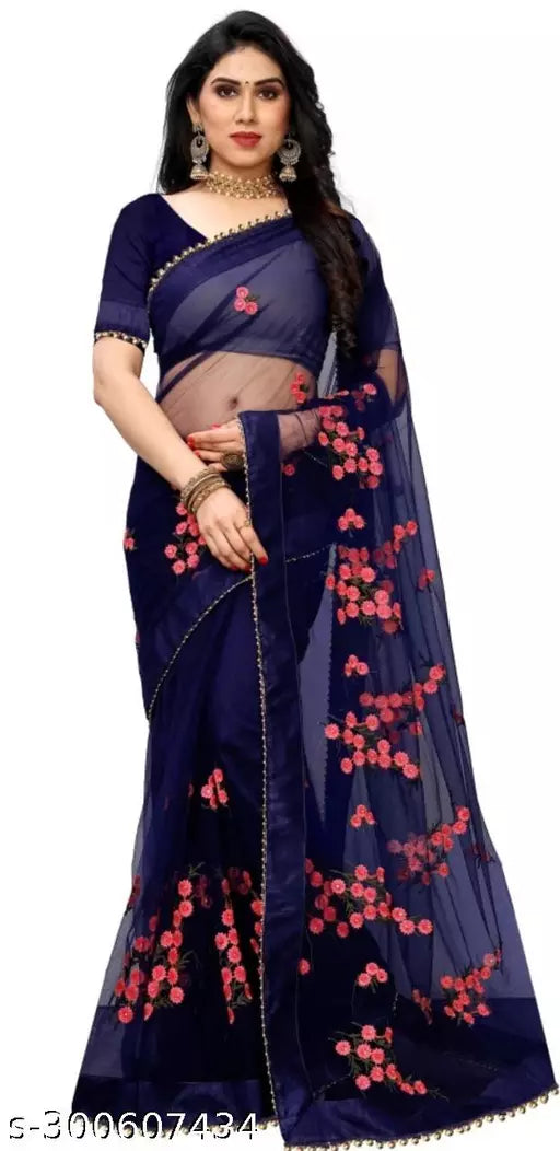 New Fancy Flower Net sarees with unstiched Blouse pieces With Moti work Navy Blue Colour