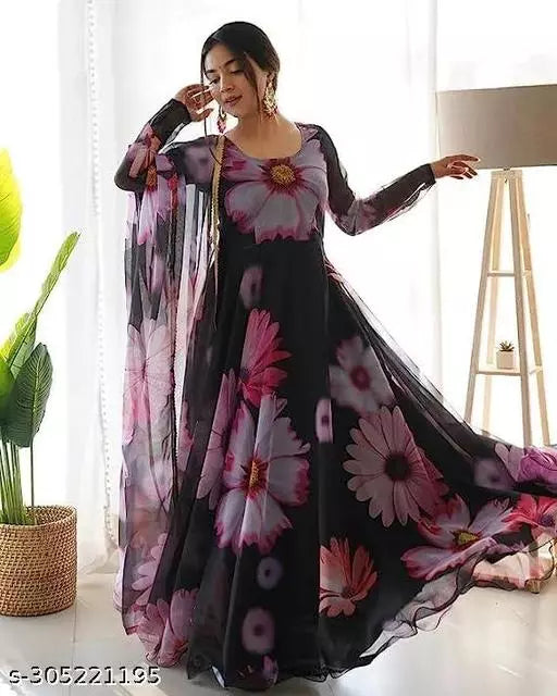 QVAZOR Stylish Fancy Trendy Printed Georgette Gown For Women For Party Wedding Festival Functions