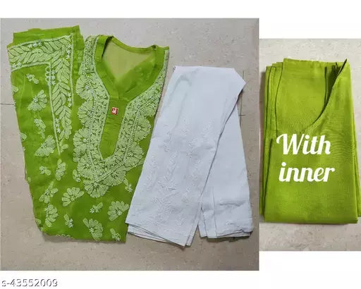 Handwork Chikankari Butterfly Chiffon kurti set+pant+inner