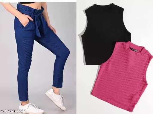 Women & Girl's Stylish 2 Pices Pink & Black Top & Botton Set  Round Neck  Sleeveless Botton Wear & Top Wear Set