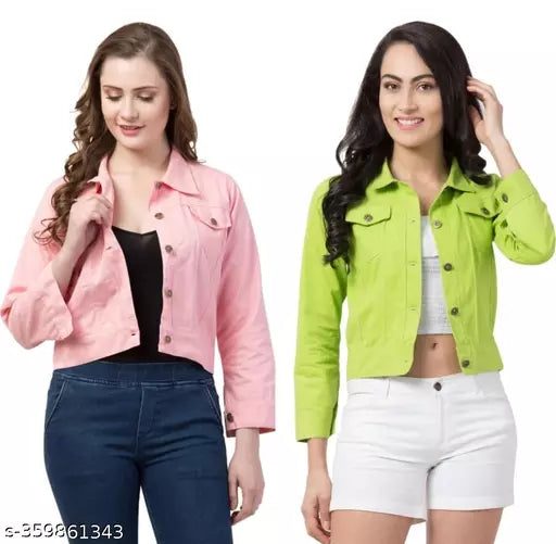 Jkp Collections Women's & Girl's Combo Denim Jacket  Casual  Solid Full Sleeve Jacket In Color Pink::Neon
