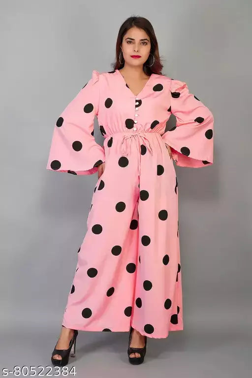 Full Sleeves Wide Leg Polka Printed Jumpsuit For Women