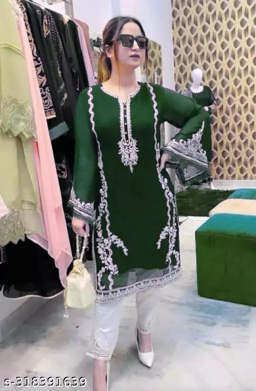 Women Georgette Kurta / Kurti and pant set top for girls simple nayra women ladies Green color Kurti set combo