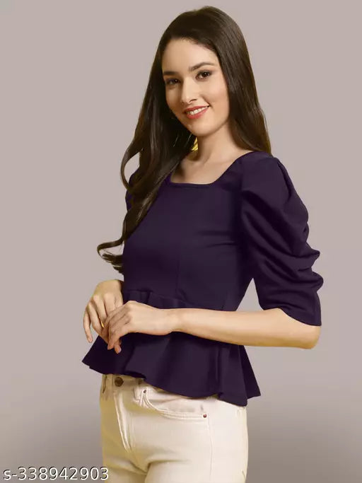 Women Square Neck Puff Sleeves Peplum Top (Women Top | Women Tops | Top)