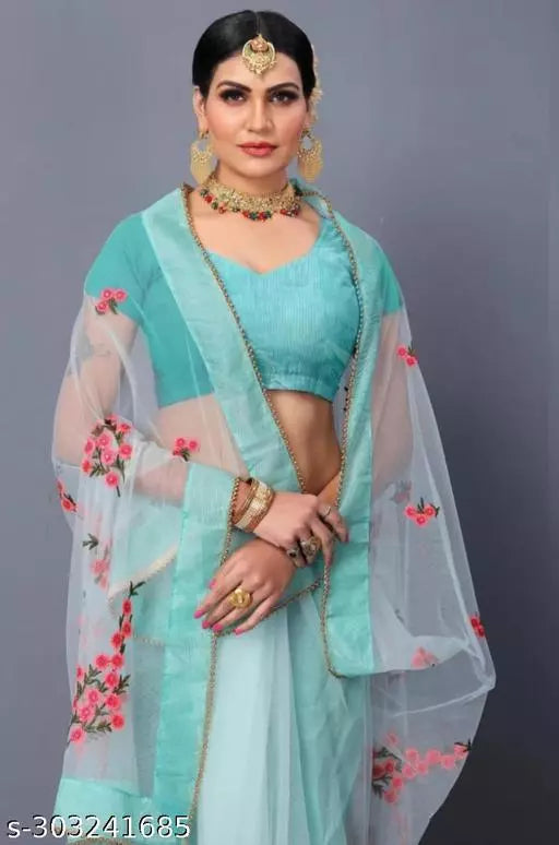 Bollywood Celebrity inspired Explore net saree With beautifull Embroidered all over moti work Aqua Blue colours
