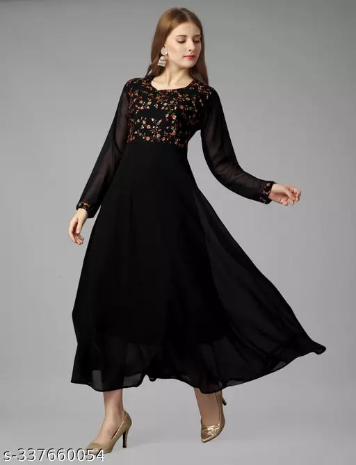 Exquisite Georgette Long Dress - Elegant Party Wear Black Gown for Women and Ladies