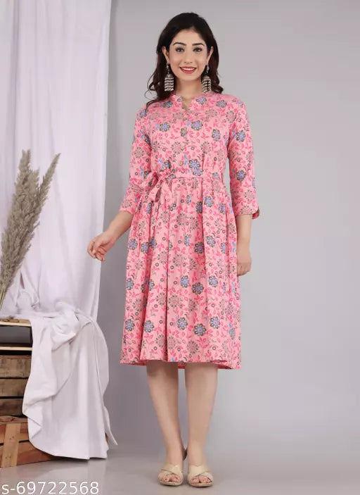 Stylish Floral Rayon Peach Printed Women Dresses