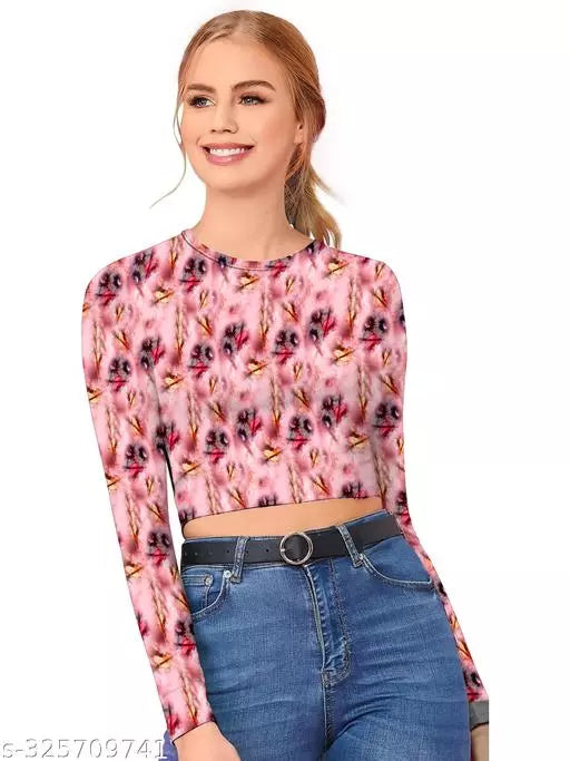 Western Printed Round Neck Crop Top