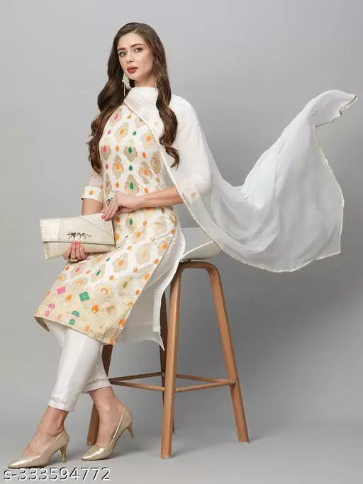 Anni Designer Women's White Cotton Blend Printed Straight Kurta With Trousers & Dupatta
