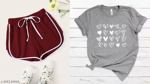 Vivient Women Maroon Shorts and Grey Hearts Printed T-Shirt Combo