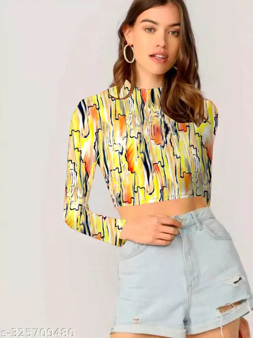 Western Printed Round Neck Crop Top