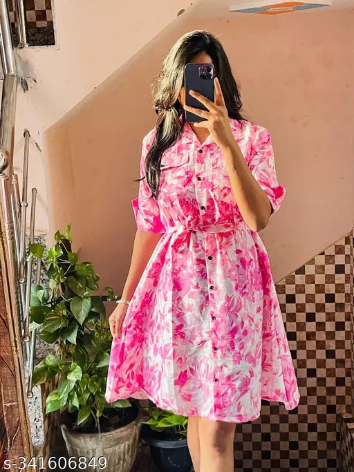 Jkp Collection Womens & Girls A-Line Dress  Casual Wear Printed & Short Sleeve Dress Fabric Cotton In Color Pink